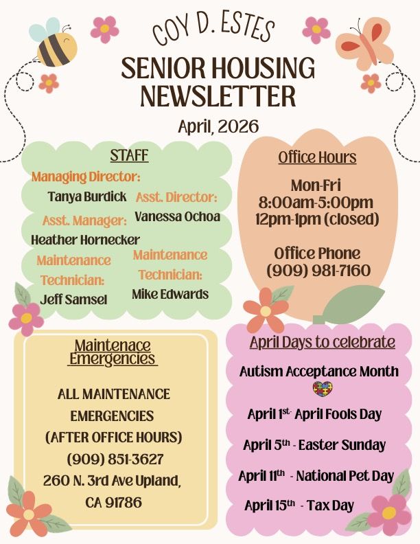 Colorful senior housing newsletter for April 2026. Includes staff names, office hours, emergency contact, and April celebrations like Autism Acceptance Month. Playful design with flowers and bees.