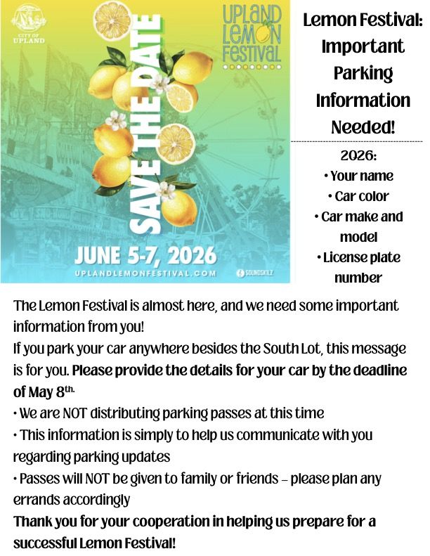 Save the Date poster for the Upland Lemon Festival, June 5-7, 2026, with vibrant lemons on a Ferris wheel background. Includes parking information reminder.