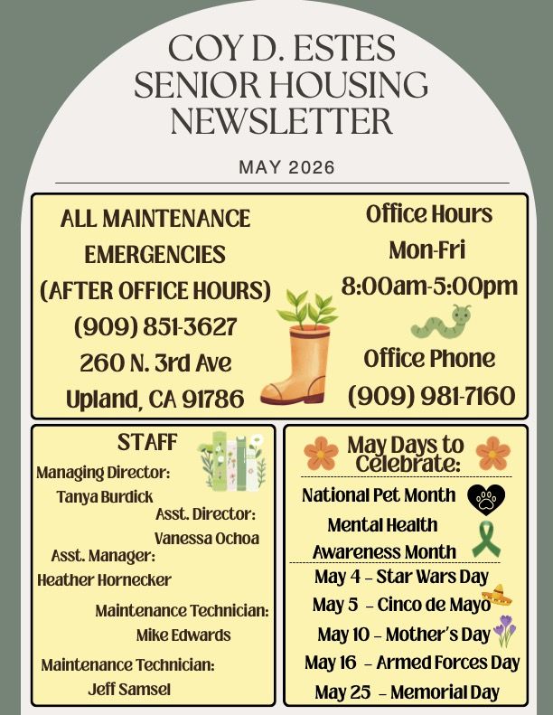 Newsletter header "Coy D. Estes Senior Housing", May 2026. Contains emergency contacts, office hours, staff list, and May celebrations like Mother's Day. Vibrant and organized layout with floral accents.